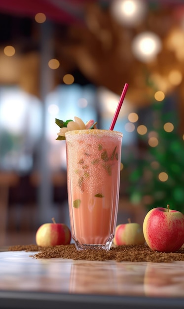 Fresh Smoothie Apple lassi with Apple fruit in studio background restaurant with garden