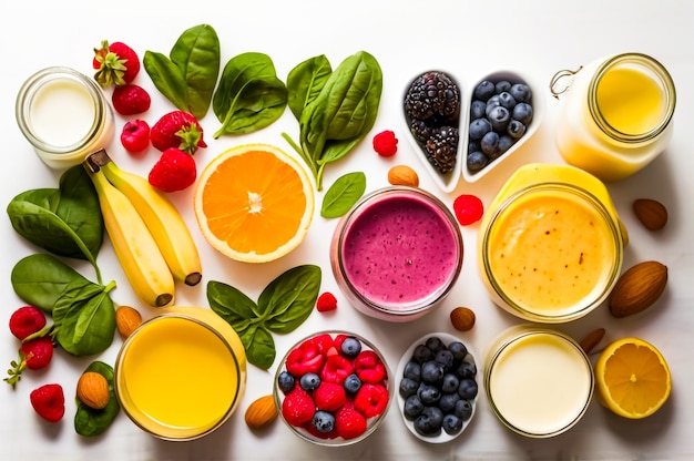 Fresh Smoothie Ingredients Neatly Arranged on White Background