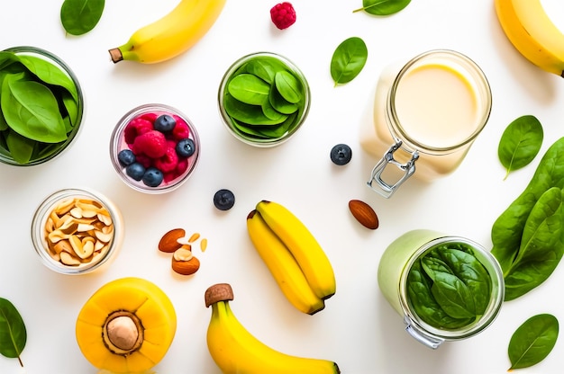 Fresh Smoothie Ingredients Neatly Arranged on White Background