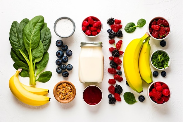 Photo fresh smoothie ingredients neatly arranged on white background