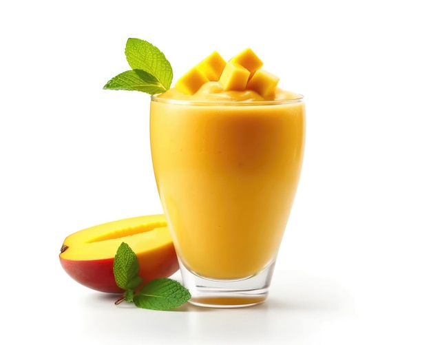 Fresh Smoothie mango lassi with mango fruit in isolated white background studio shot