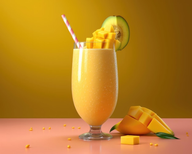 Fresh Smoothie mango lassi with mango fruit in studio background restaurant with garden