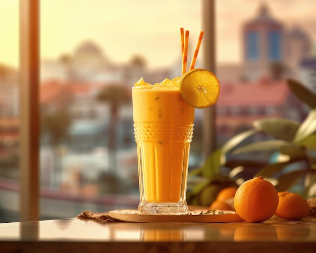 Fresh Smoothie orange lassi with orange fruit in studio background restaurant with garden