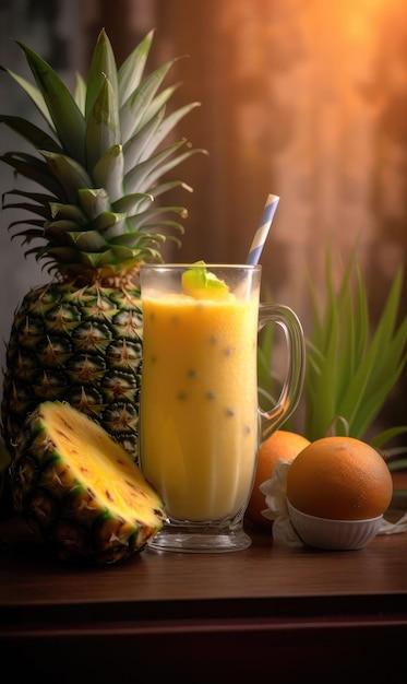 Fresh Smoothie Pineapple lassi with Pineapple fruit in studio background restaurant with garden