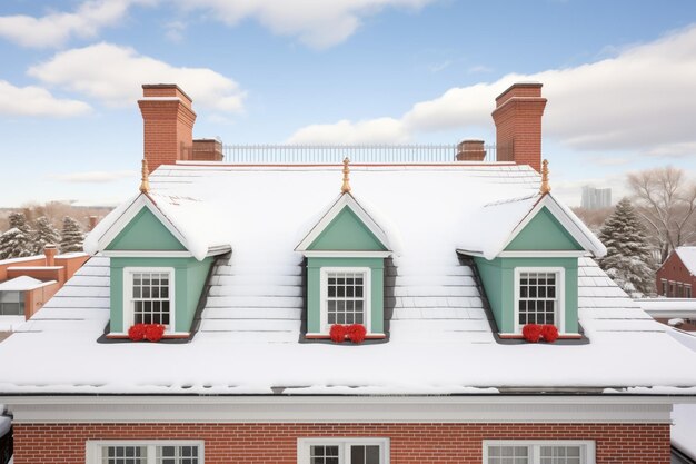 Photo fresh snow on the roof of a colonial revival house with dormers