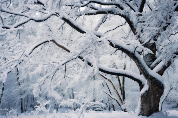 Fresh snow on tree branches creating a winter wonderland created with generative ai