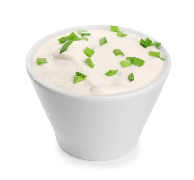 Fresh sour cream with onion on white background