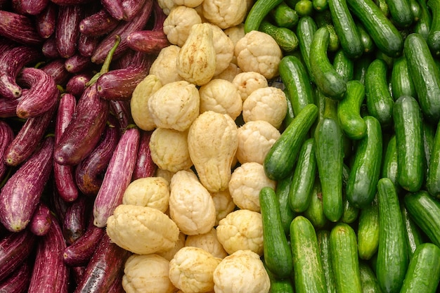 Fresh Southeast Asian vegetables chayote cucumber eggplant