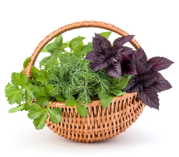 Fresh spices and herbs in wicker basket isolated on white background cutout.