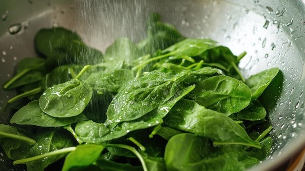 Fresh Spinach Being Washed in a Colander