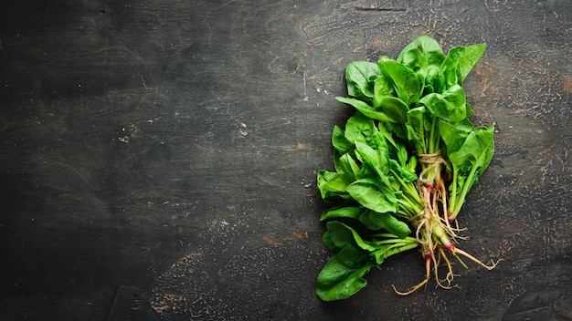 Fresh spinach on a brown background Healthy food Top view Free space for your text