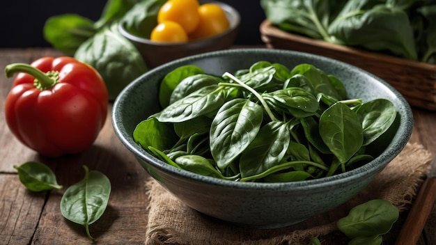 Fresh Spinach Leaves in a Bowl on a Wooden Table