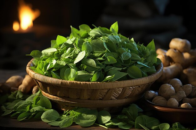 Fresh spinach leaves in a coconut bowl on a dark surface generative IA