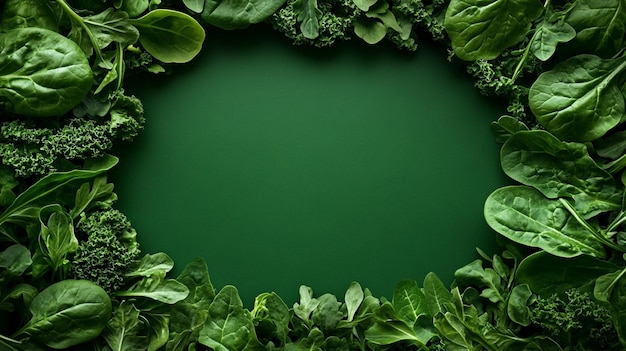 Photo fresh spinach leaves frame on green background