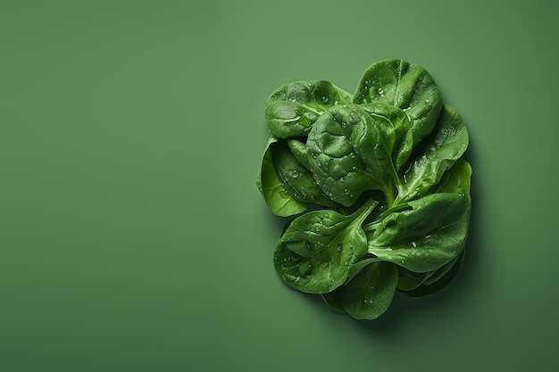 Fresh spinach leaves Light green background top view Space for text