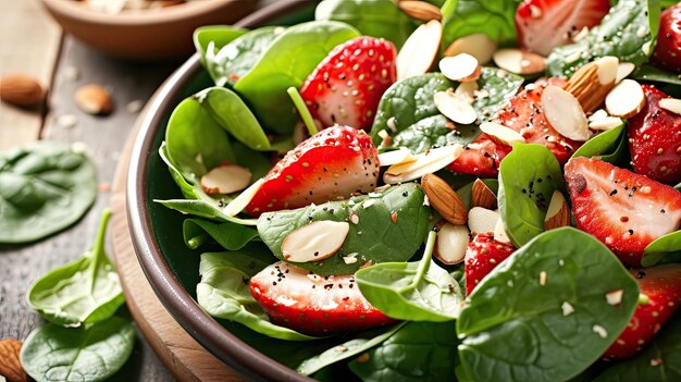 Fresh spinach salad topped with sliced almonds and strawberry Homemade dish serving closeup diet food easy to prepare Culinary excellence sophistication concept Generative by AI