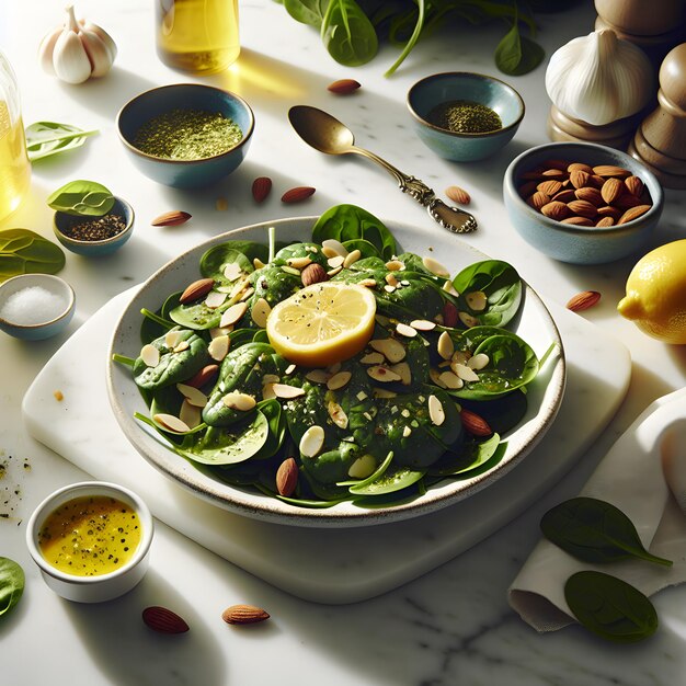 Fresh Spinach Salad with Lemon Garlic Dressing on Marble Counter