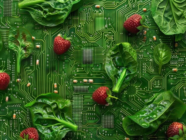 Photo fresh spinach and strawberries on a green circuit board background