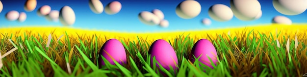 Fresh spring background with easter eggs banner green juicy meadow Colored Easter eggs hidden flowers grass