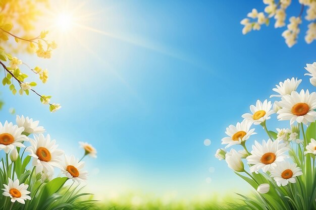 A fresh spring blue sunny sky background with blurred warm sunny glow