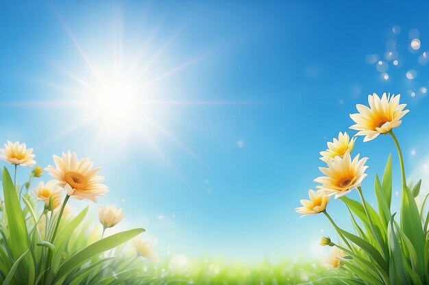 A fresh spring blue sunny sky background with blurred warm sunny glow