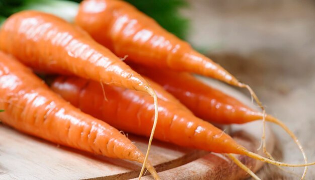 Fresh spring carrot on vintage wooden table rustic style shallow DOF