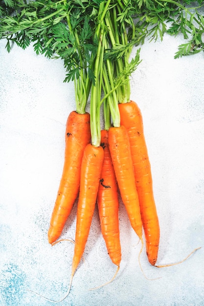 Fresh spring carrots bunch on grey table background Top view with copy space