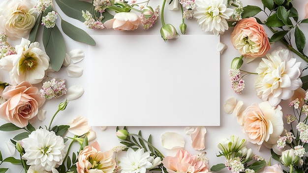 Fresh Spring Floral Arrangement with a Blank White Frame Surrounded by Pastel Flowers