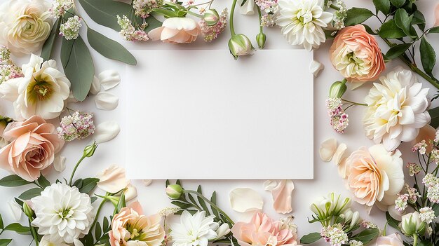 Photo fresh spring floral arrangement with a blank white frame surrounded by pastel flowers