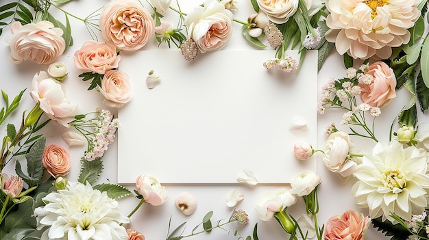 Fresh Spring Floral Arrangement with a Blank White Frame Surrounded by Pastel Flowers