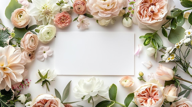 Fresh Spring Floral Arrangement with a Blank White Frame Surrounded by Pastel Flowers