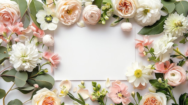 Fresh Spring Floral Arrangement with a Blank White Frame Surrounded by Pastel Flowers