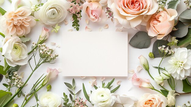 Fresh Spring Floral Arrangement with a Blank White Frame Surrounded by Pastel Flowers