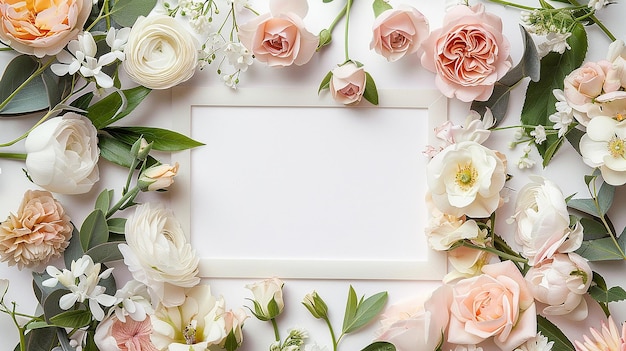 Fresh Spring Floral Arrangement with a Blank White Frame Surrounded by Pastel Flowers