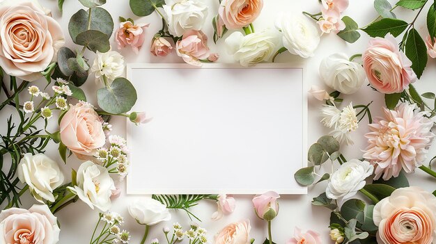 Photo fresh spring floral arrangement with a blank white frame surrounded by pastel flowers