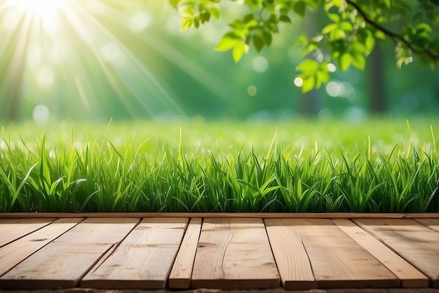 Fresh spring green grass with green bokeh and sunlight and wood floor Beauty natural background