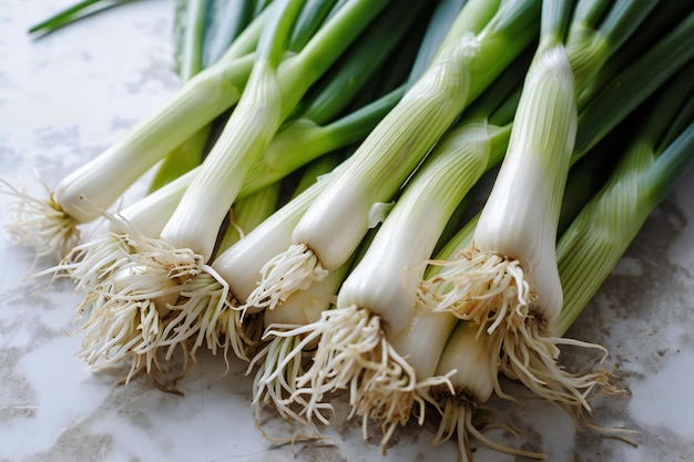 Fresh spring onionsle table closeup Healthy food concept