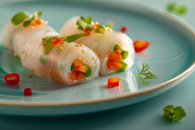 Fresh Spring Rolls with Shrimp Vermicelli and Herbs on Elegant Blue Plate Close Up View