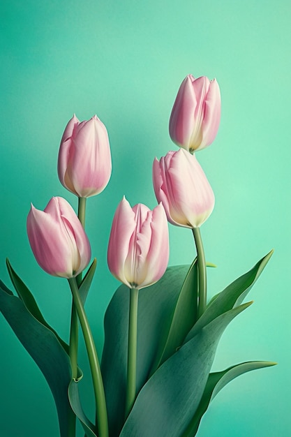 Fresh spring tulip flowers bloom on vertical floral poster decorative background