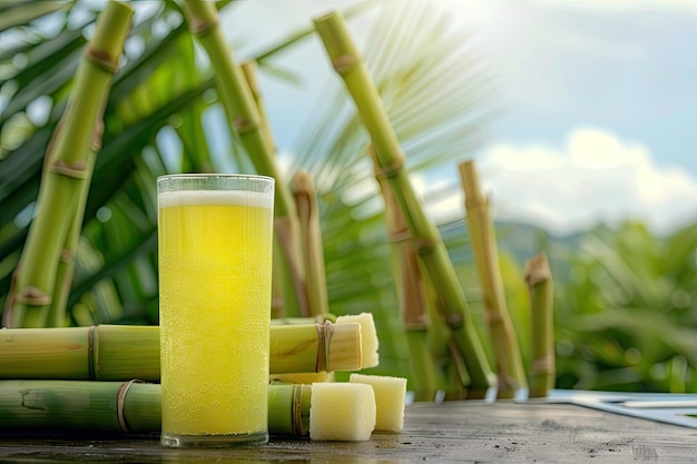 Fresh squeezed sugar cane juice with sugar cane plantation farming background