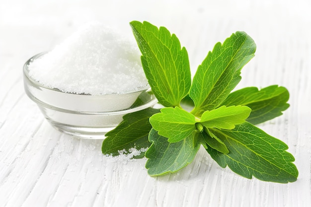 Fresh stevia leaves beside granulated sweetener on white surface