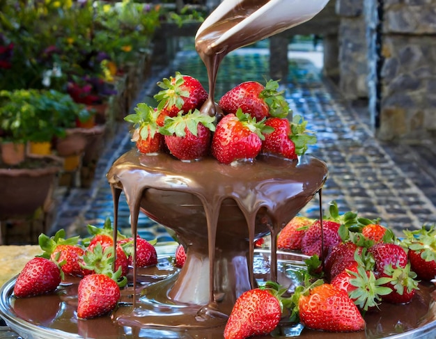 Photo fresh strawberries being dipped in melted chocolate fountain