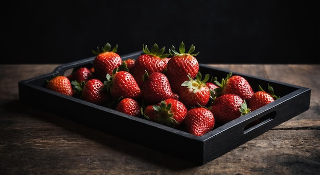 Fresh strawberries in black tray on dark background