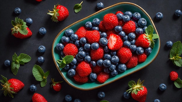 Fresh strawberries blueberries mint leaves a dark background antioxidant dessert creative ap