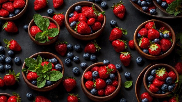 Fresh strawberries blueberries mint leaves a dark background antioxidant dessert creative ap