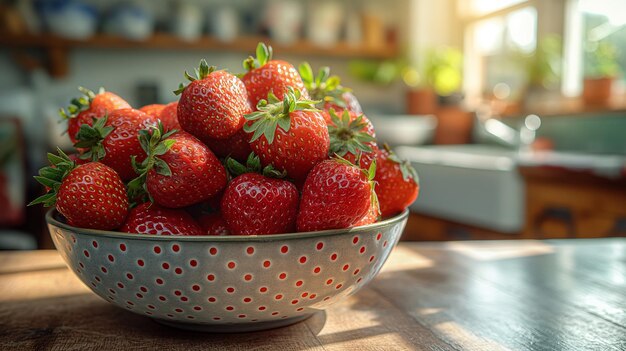 Fresh Strawberries in a Bowl on a Kitchen Counter