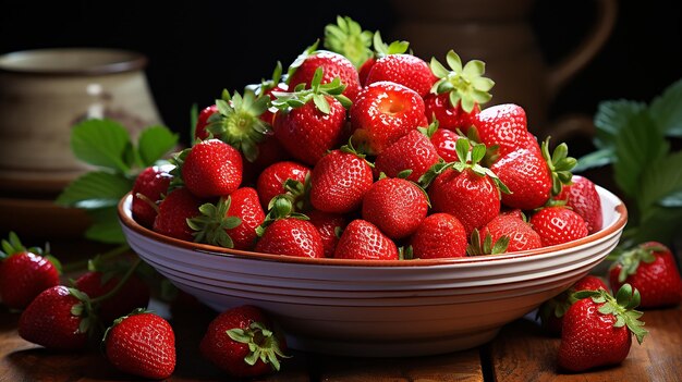 Fresh strawberries in a bowl on wooden table with low key scene