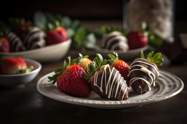 Fresh Strawberries In Chocolate On A Plate Generative AI