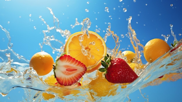 Fresh strawberries lemons and oranges falling and splashing into the water Generative AI