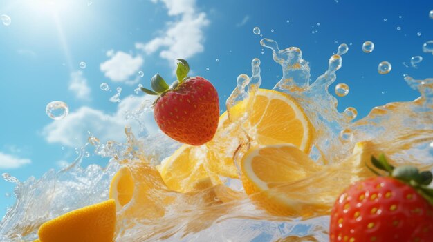 Fresh strawberries lemons and oranges falling and splashing into the water Generative AI